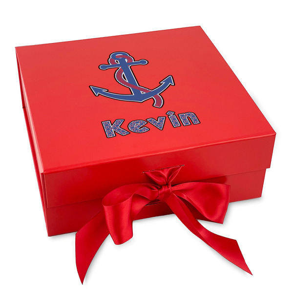Custom Buoy & Argyle Print Gift Box with Magnetic Lid - Red (Personalized)
