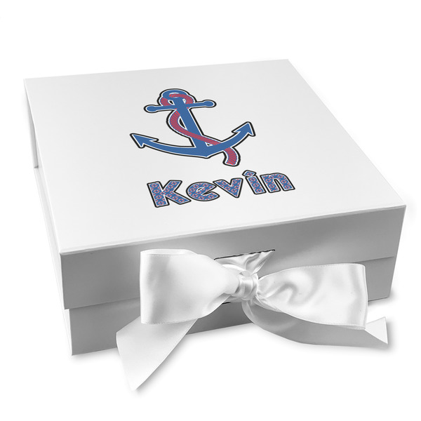 Custom Buoy & Argyle Print Gift Box with Magnetic Lid - White (Personalized)