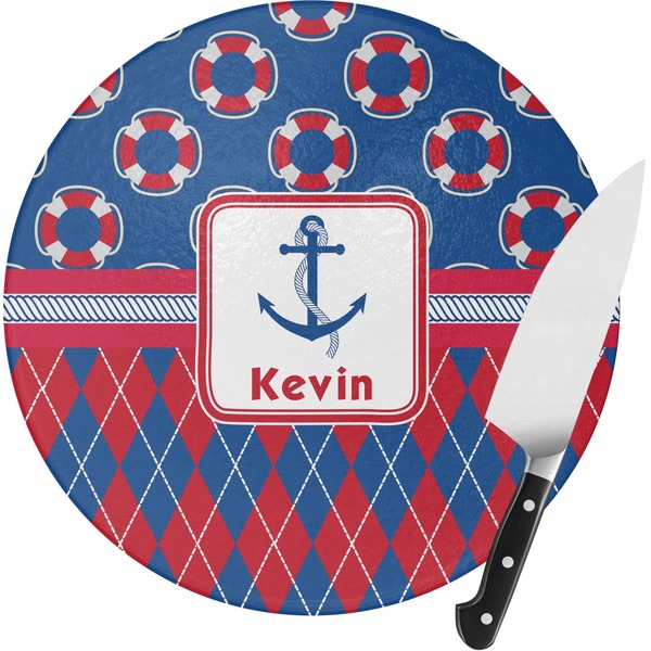 Custom Buoy & Argyle Print Round Glass Cutting Board (Personalized)