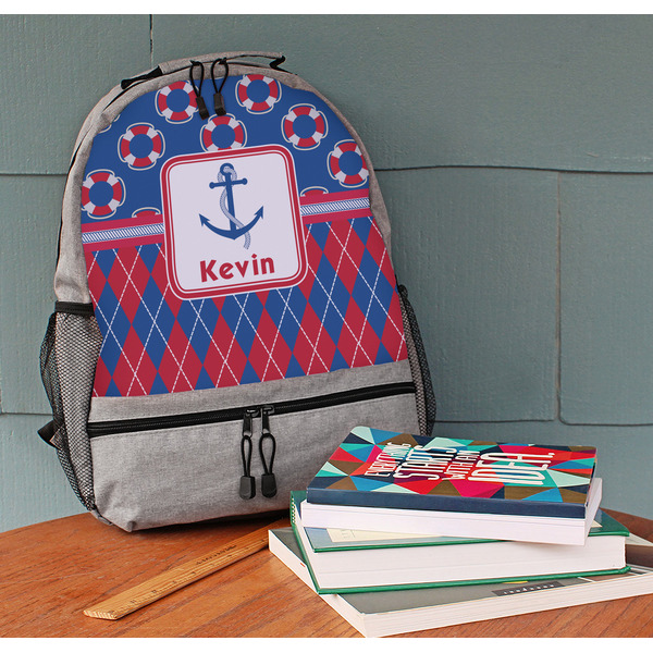 Buoy & Argyle Print Large Backpack - Gray - On Desk