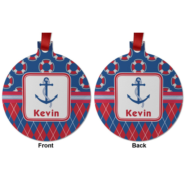 Buoy & Argyle Print Metal Ball Ornament - Front and Back