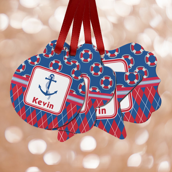 Custom Buoy & Argyle Print Metal Ornaments - Double Sided w/ Name or Text