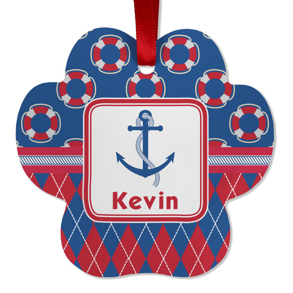 Custom Buoy & Argyle Print Metal Paw Ornament - Double Sided w/ Name or Text