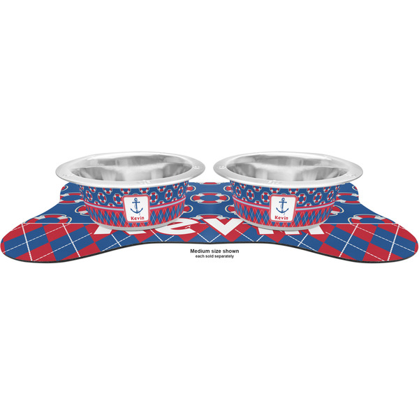 Buoy & Argyle Print Metal Pet Bowls - On Dog Bone Shaped Mat