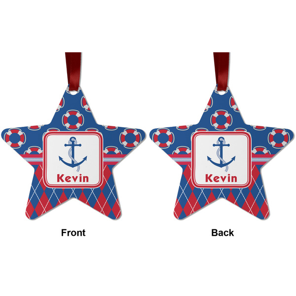 Buoy & Argyle Print Metal Star Ornament - Front and Back