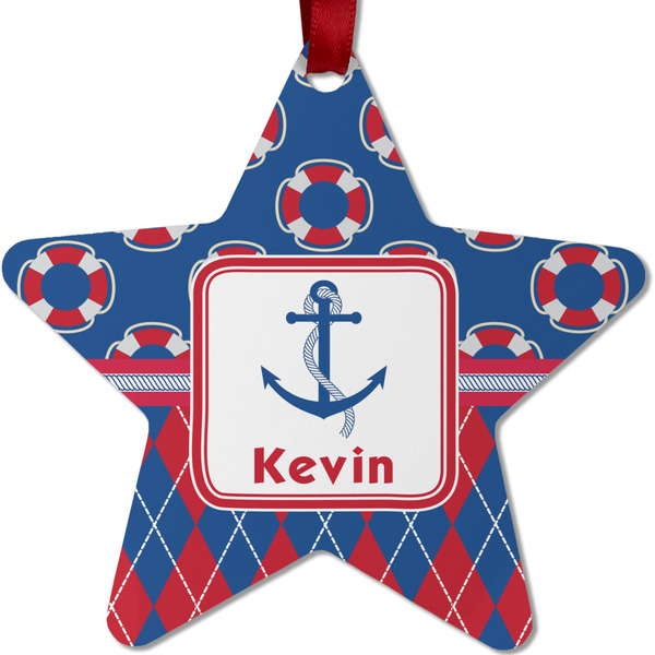 Custom Buoy & Argyle Print Metal Star Ornament - Double Sided w/ Name or Text