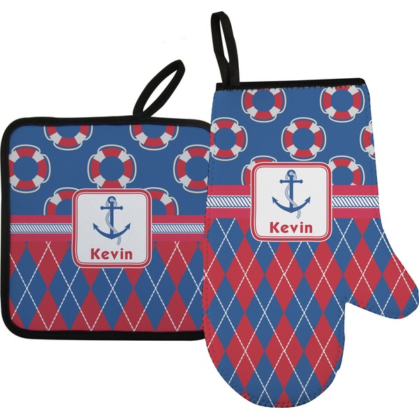 Custom Buoy & Argyle Print Oven Mitt & Pot Holder Set w/ Name or Text