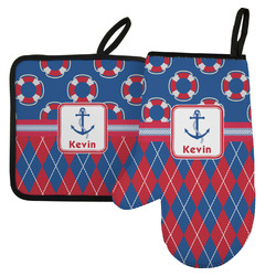 Buoy & Argyle Print Left Oven Mitt & Pot Holder Set w/ Name or Text