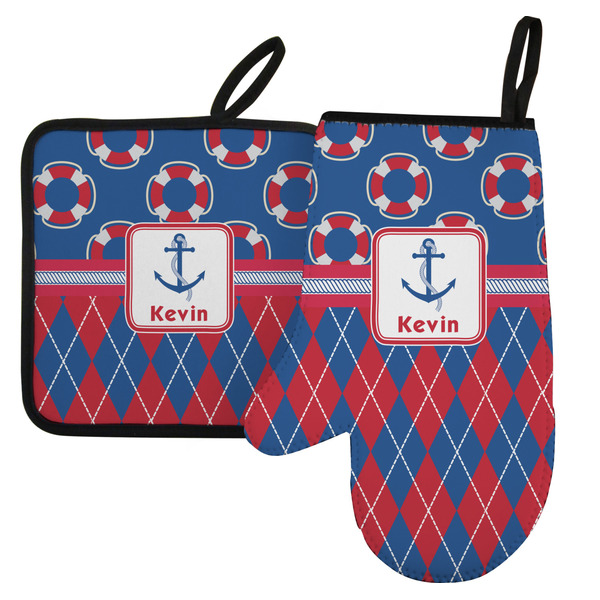 Custom Buoy & Argyle Print Left Oven Mitt & Pot Holder Set w/ Name or Text