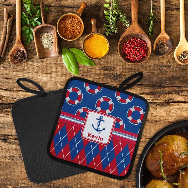 Buoy & Argyle Print Neoprene Pot Holder - Set of 2  LIFESTYLE (Flatlay)