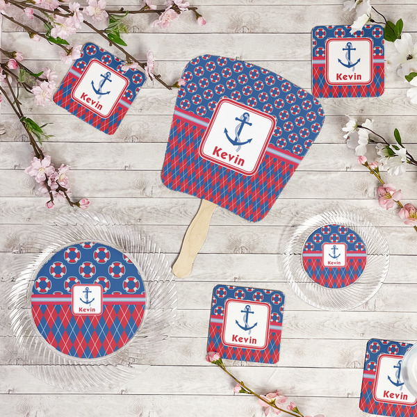 Buoy & Argyle Print Party Supplies Combination Image - All items - Plates, Coasters, Fans