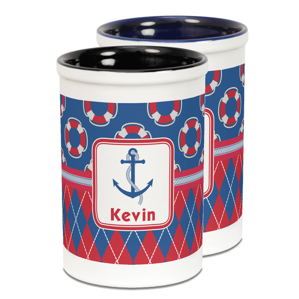 Custom Buoy & Argyle Print Ceramic Pencil Holder - Large