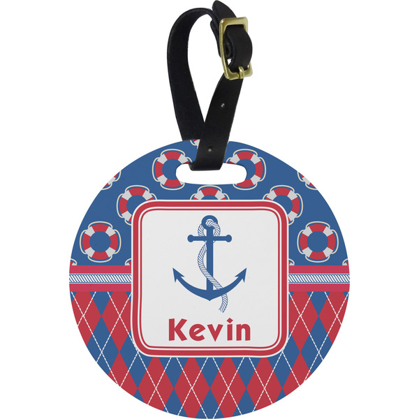Custom Buoy & Argyle Print Plastic Luggage Tag - Round (Personalized)