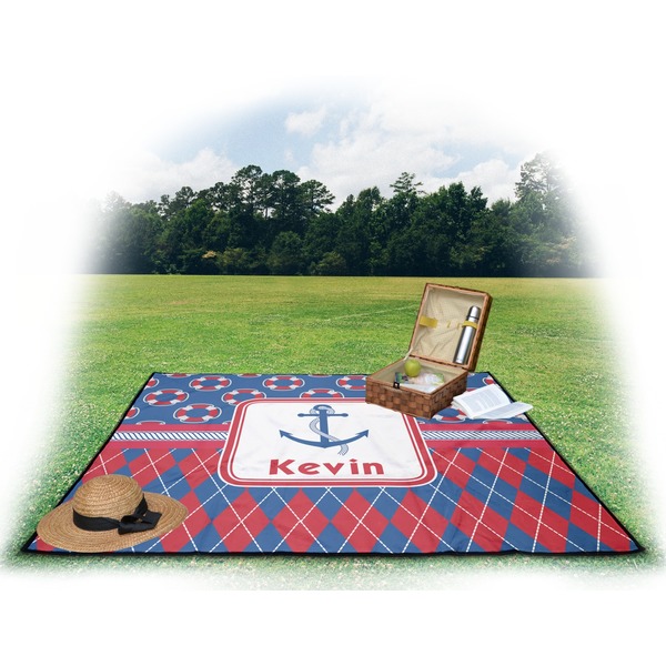 Buoy & Argyle Print Picnic Blanket - with Basket Hat and Book - in Use