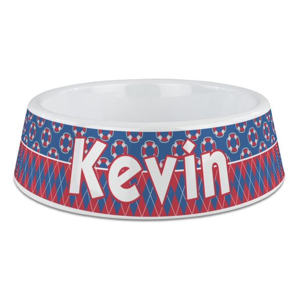 Custom Buoy & Argyle Print Plastic Dog Bowl - Large (Personalized)
