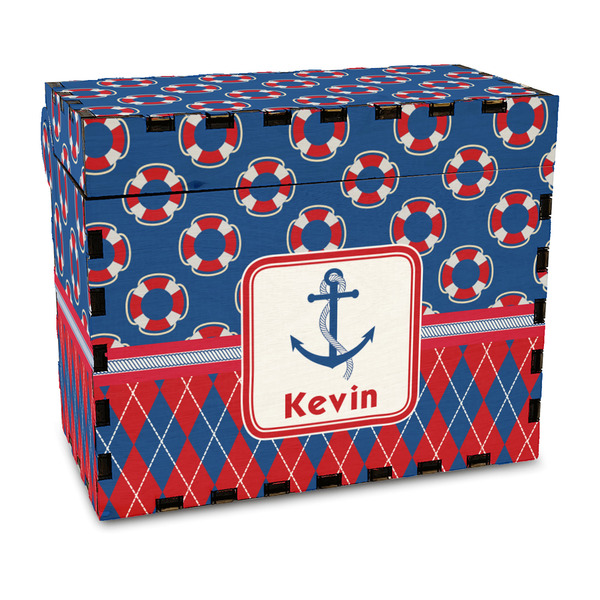 Custom Buoy & Argyle Print Wood Recipe Box - Full Color Print (Personalized)