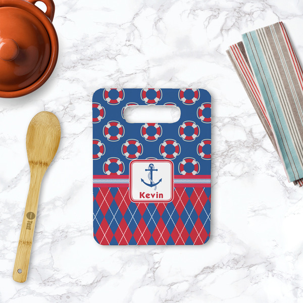 Buoy & Argyle Print Rectangle Trivet with Handle - LIFESTYLE