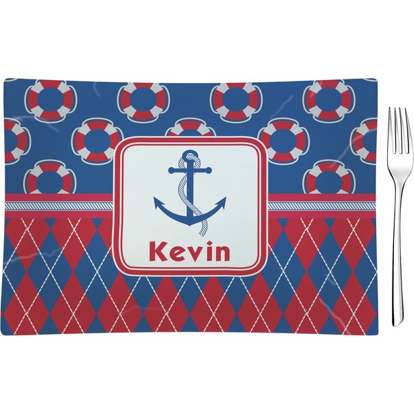 Custom Buoy & Argyle Print Glass Rectangular Appetizer / Dessert Plate (Personalized)