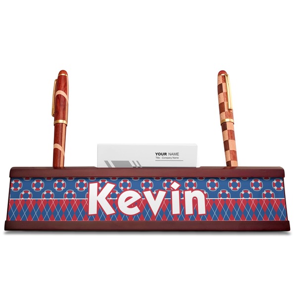 Buoy & Argyle Print Red Mahogany Nameplates with Business Card Holder - Straight