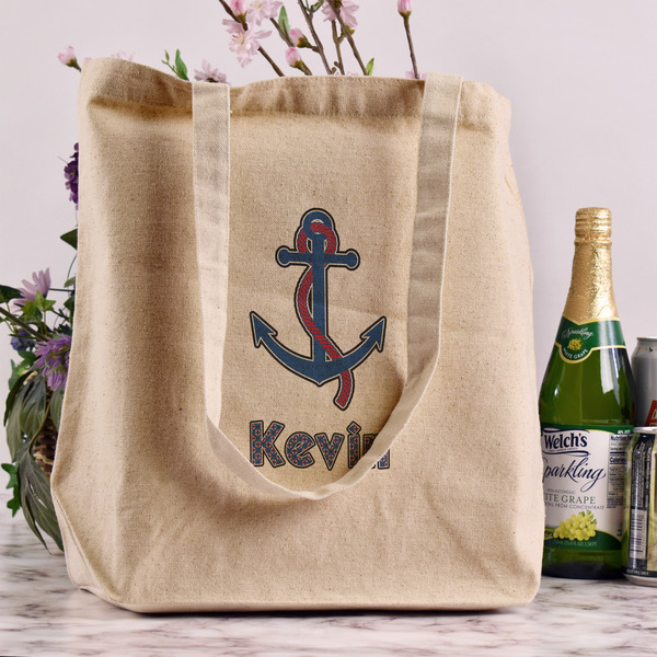 Buoy & Argyle Print Reusable Cotton Grocery Bag - In Context