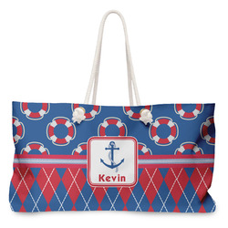 Buoy & Argyle Print Large Tote Bag with Rope Handles (Personalized)