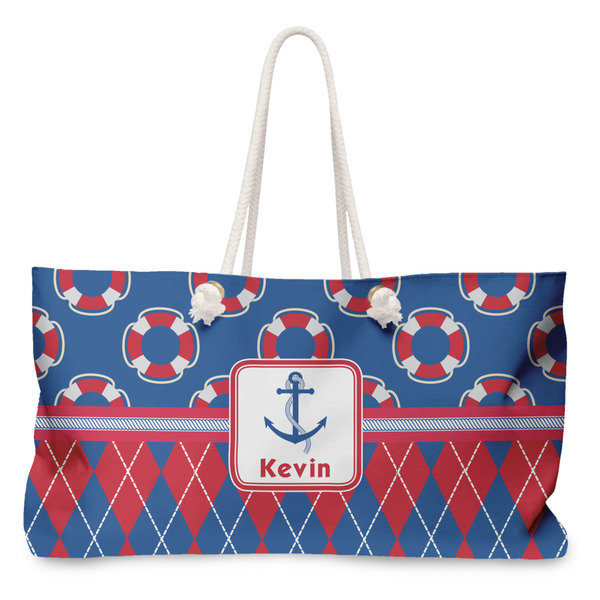 Custom Buoy & Argyle Print Large Tote Bag with Rope Handles (Personalized)