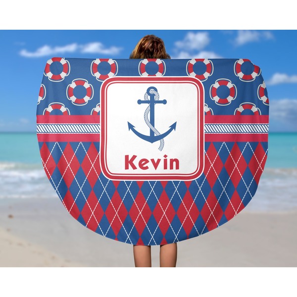 Buoy & Argyle Print Round Beach Towel - In Use