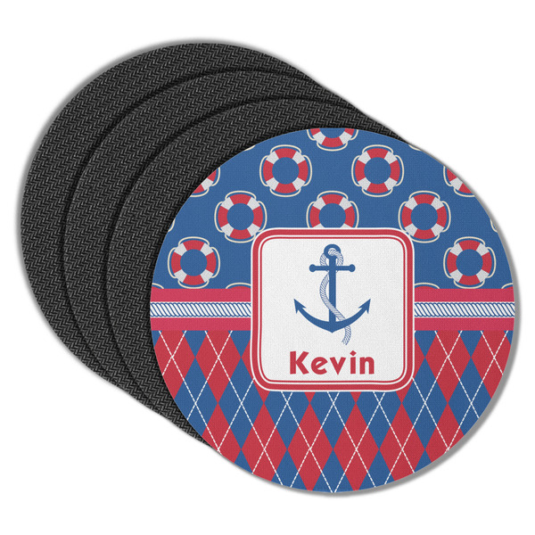 Custom Buoy & Argyle Print Round Rubber Backed Coasters - Set of 4 (Personalized)