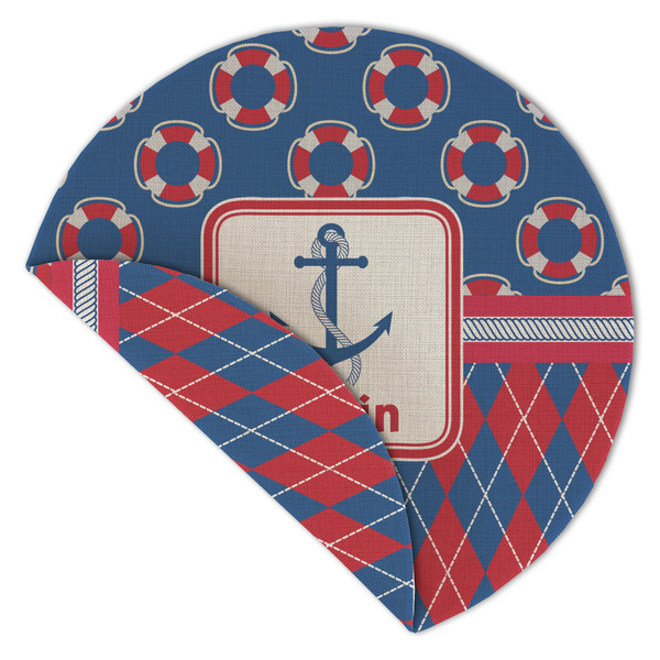 Buoy & Argyle Print Round Linen Placemats - Front (folded corner double sided)
