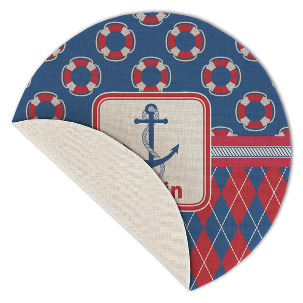 Buoy & Argyle Print Round Linen Placemats - Front (folded corner single sided)