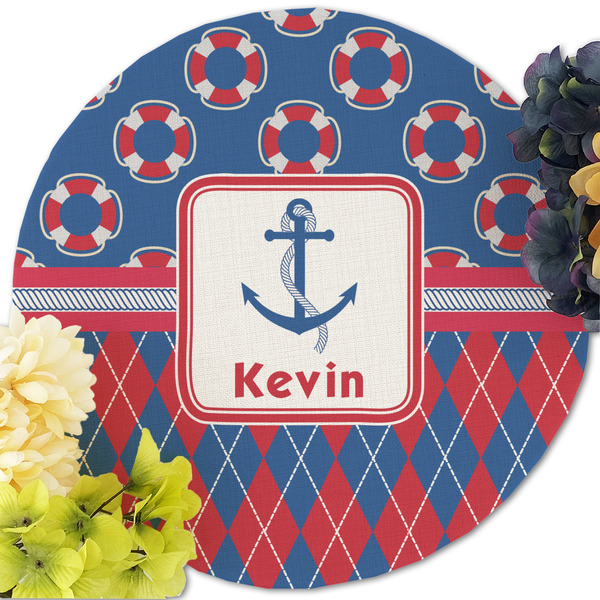 Buoy & Argyle Print Round Linen Placemats - Front (w flowers)