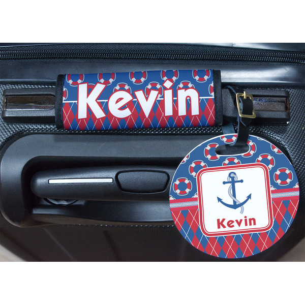 Buoy & Argyle Print Round Luggage Tag & Handle Wrap - In Context