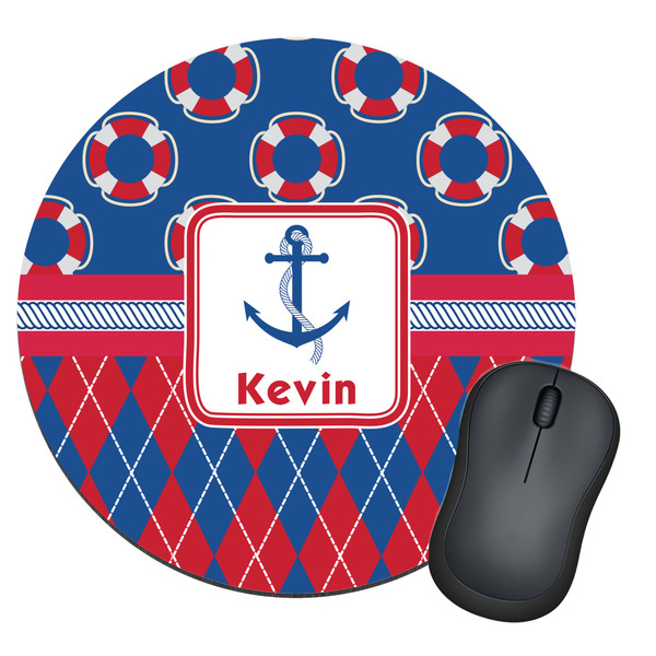 Custom Buoy & Argyle Print Round Mouse Pad (Personalized)