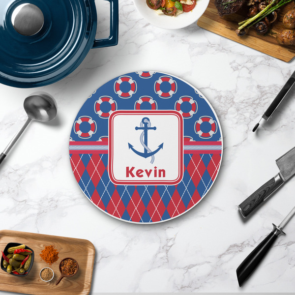 Buoy & Argyle Print Round Stone Trivet - In Context View