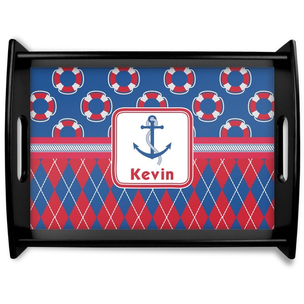 Custom Buoy & Argyle Print Black Wooden Tray - Large (Personalized)
