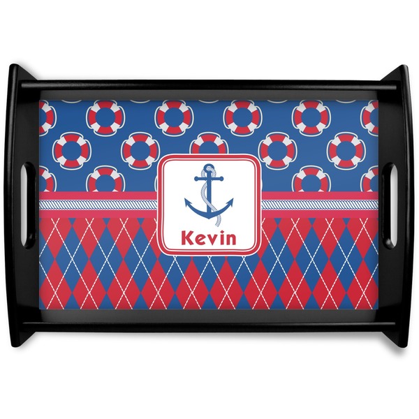 Custom Buoy & Argyle Print Black Wooden Tray - Small (Personalized)