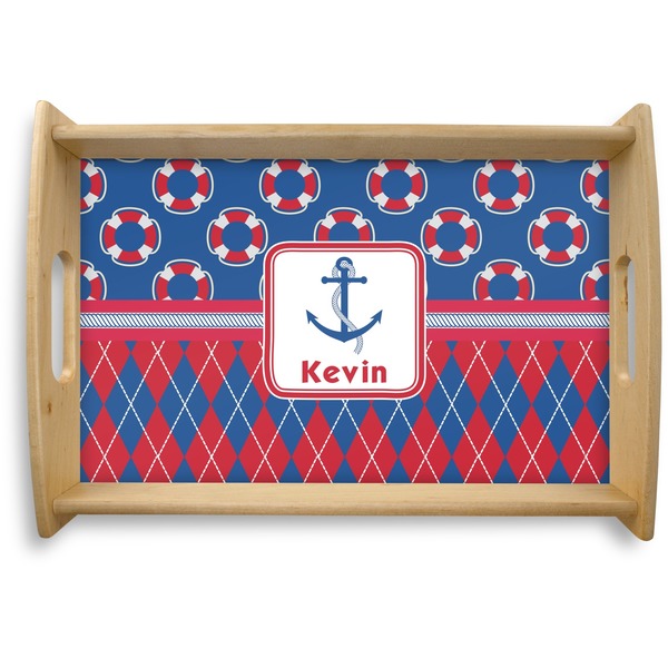 Custom Buoy & Argyle Print Natural Wooden Tray - Small (Personalized)