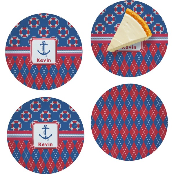 Custom Buoy & Argyle Print Set of 4 Glass Appetizer / Dessert Plate 8" (Personalized)
