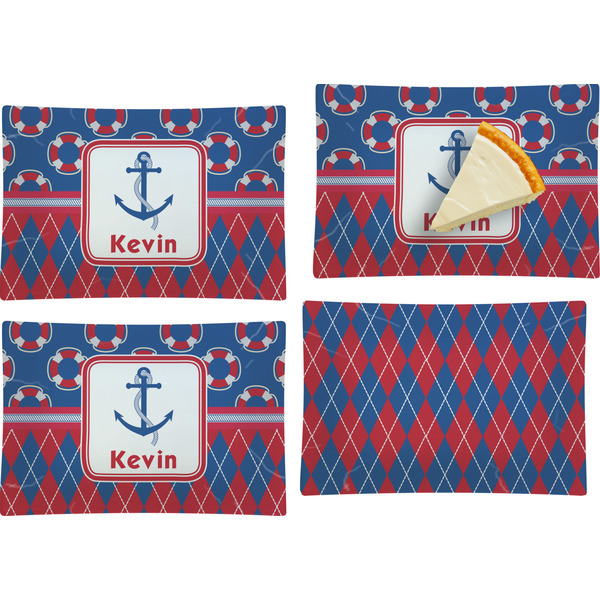 Custom Buoy & Argyle Print Set of 4 Glass Rectangular Appetizer / Dessert Plate (Personalized)