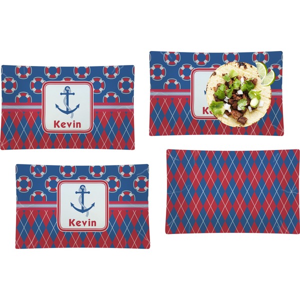 Custom Buoy & Argyle Print Set of 4 Glass Rectangular Lunch / Dinner Plate (Personalized)
