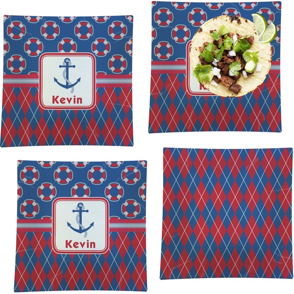 Custom Buoy & Argyle Print Set of 4 Glass Square Lunch / Dinner Plate 9.5" (Personalized)