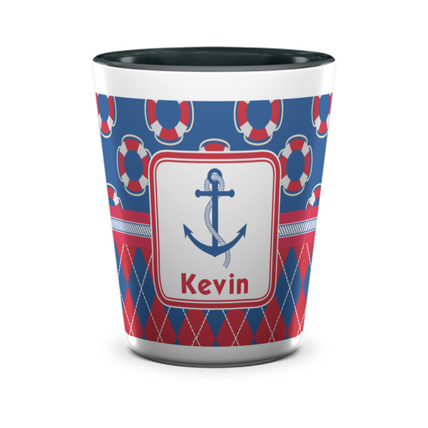 Custom Buoy & Argyle Print Ceramic Shot Glass - 1.5 oz - Two Tone - Set of 4 (Personalized)