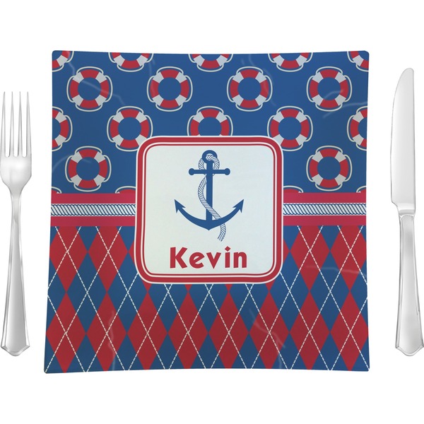 Custom Buoy & Argyle Print Glass Square Lunch / Dinner Plate 9.5" (Personalized)