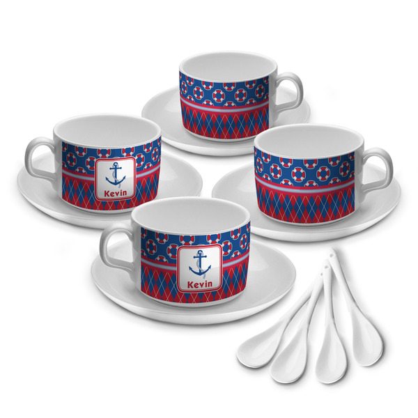 Custom Buoy & Argyle Print Tea Cup - Set of 4 (Personalized)