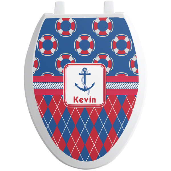 Custom Buoy & Argyle Print Toilet Seat Decal - Elongated (Personalized)