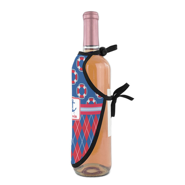 Buoy & Argyle Print Wine Bottle Apron - DETAIL WITH CLIP ON NECK