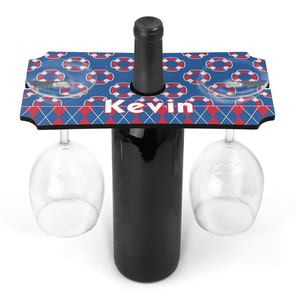 Custom Buoy & Argyle Print Wine Bottle & Glass Holder (Personalized)