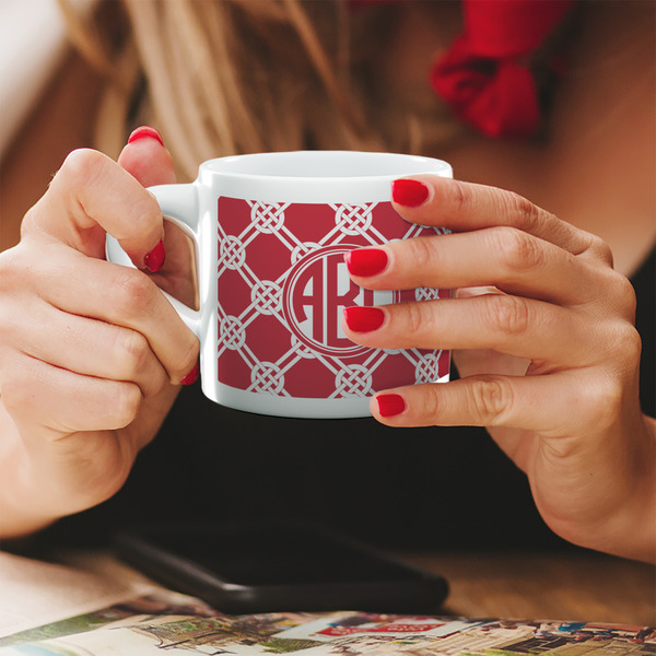 Celtic Knot Espresso Cup - 6oz (Double Shot) LIFESTYLE (Woman hands cropped)
