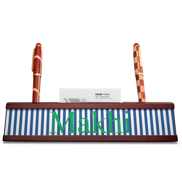 Stripes Red Mahogany Nameplates with Business Card Holder - Straight