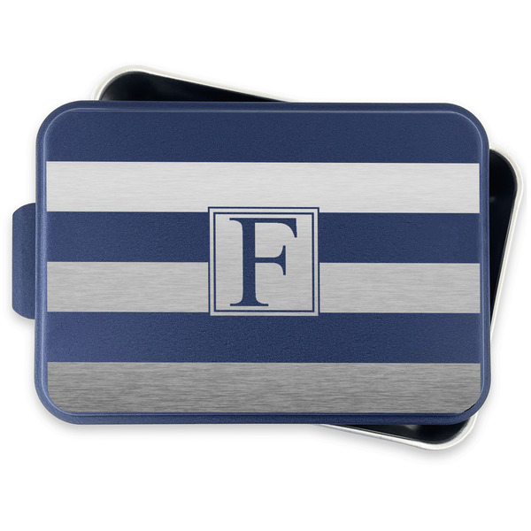 Horizontal Stripe Aluminum Baking Pan - Navy Lid - FRONT w/lid off